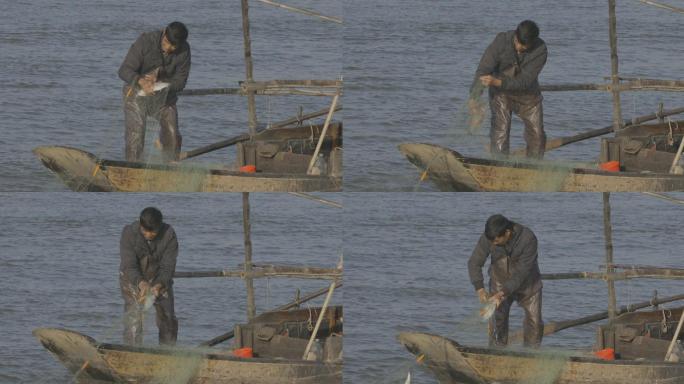 小小渔船清晨西江摇桨撒网捕鱼