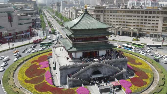 4K航拍西安古建筑钟楼风景