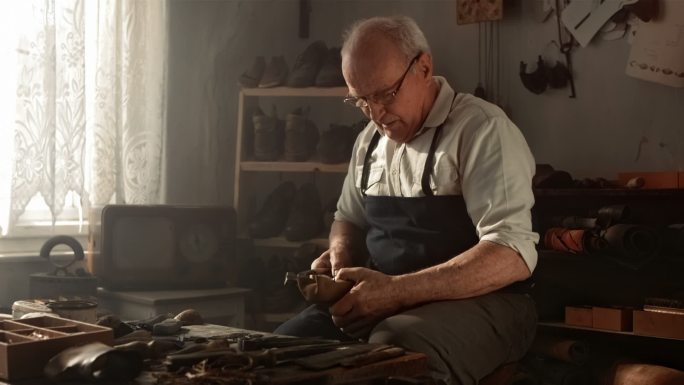 传统鞋匠在老作坊里修鞋