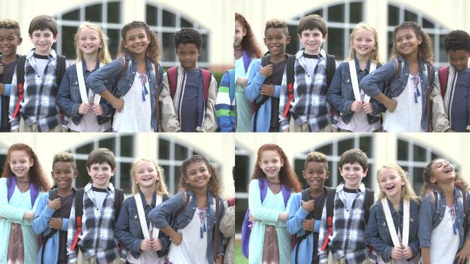 小学生微笑着排成一列
