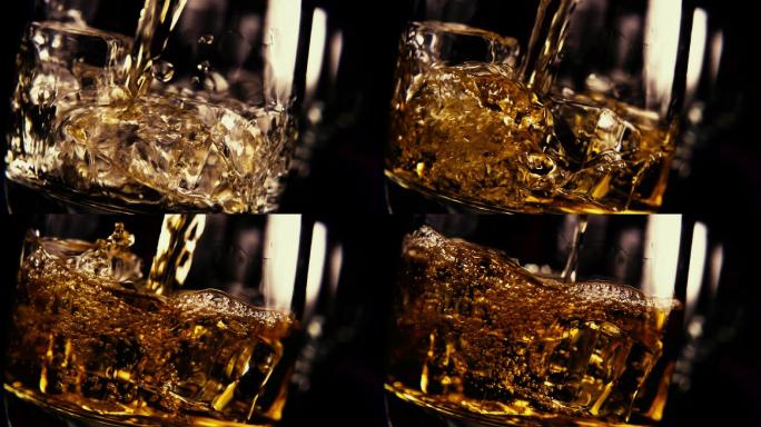 威士忌倒入加冰的玻璃杯中