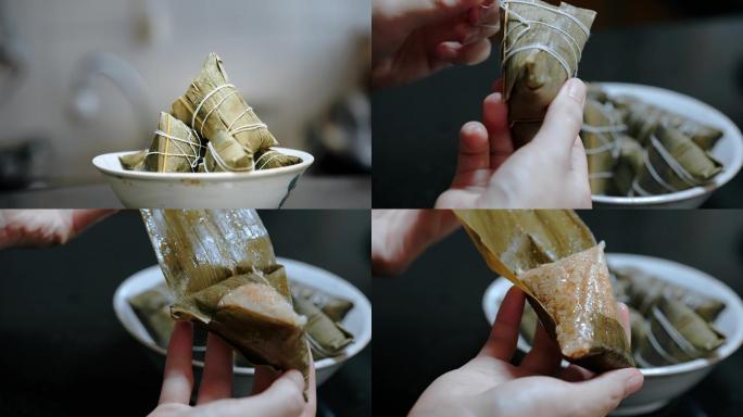 4k端午节吃粽子包粽子高清特写素材