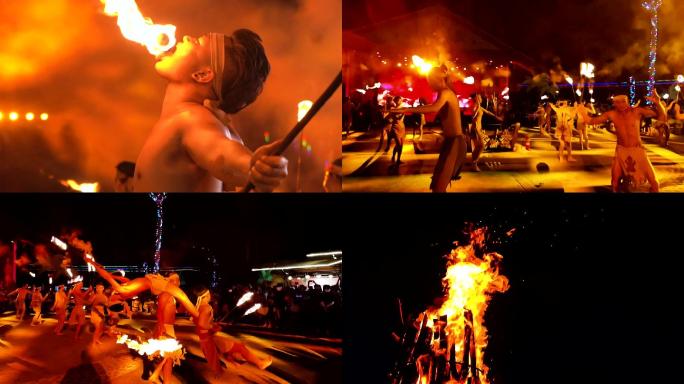 海南三亚槟榔谷的篝火晚会民族舞蹈演出