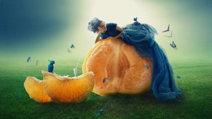 美丽的女子躺在巨大的橘子上