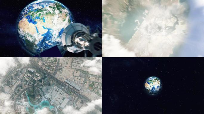 从地球太空快速移动镜头到城市再回到太空
