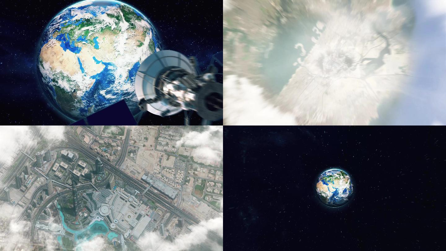 从地球太空快速移动镜头到城市再回到太空