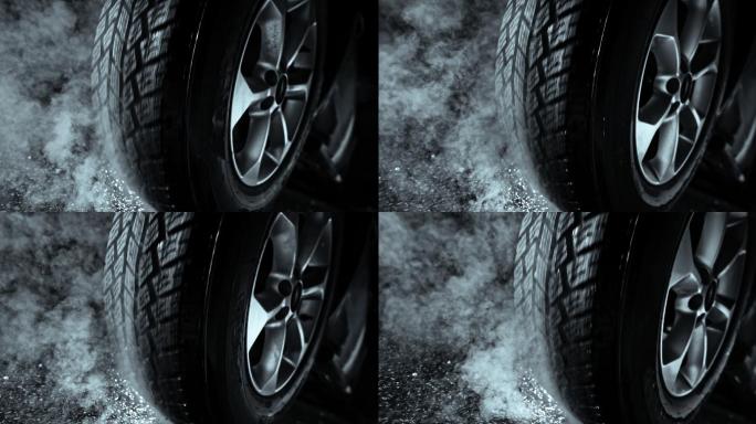 轮胎在地面上旋转并产生烟雾