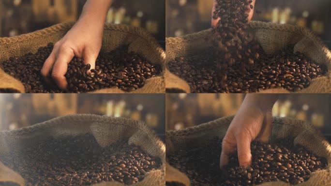 用手抓取咖啡豆