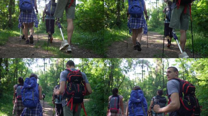 带假肢的男人和朋友徒步旅行