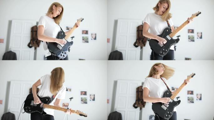 金发女孩弹吉他可爱快乐音乐家