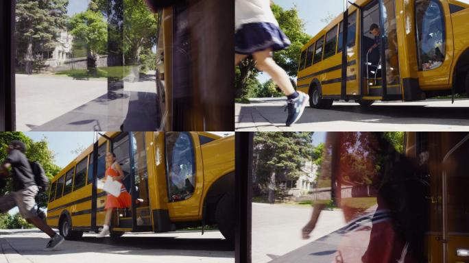 学生乘坐校车到达目的地春游