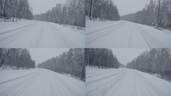 下雪天在乡村公路行车行驶窗外景色