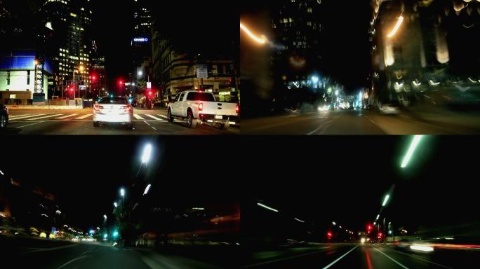 夜间驾车穿越洛杉矶市区的长时间曝光