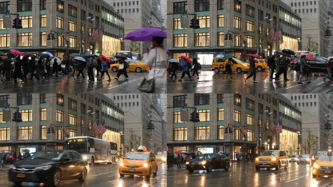 在雨中穿过纽约市第五大道街道的行人