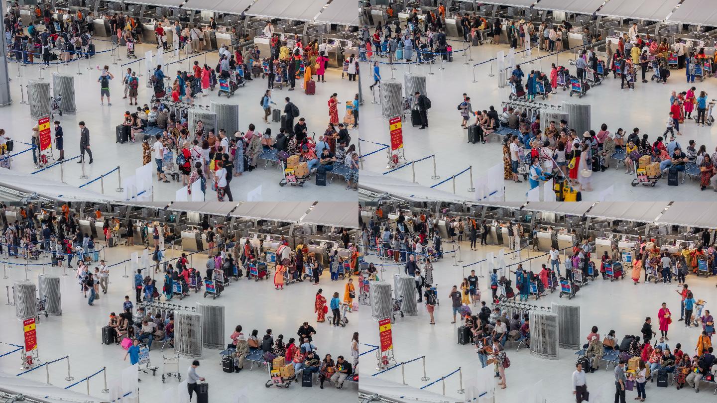 机场候机楼值机柜台拥挤旅客带行李排队延时