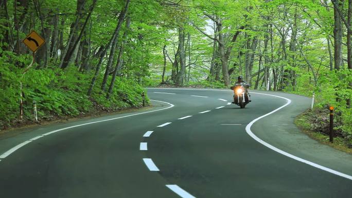 骑摩托车的人在森林里沿着蜿蜒的道路行驶