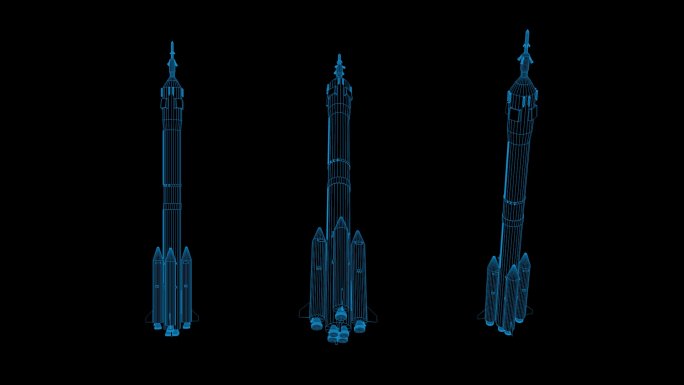 蓝色线框全息科技航空火箭动画带通道