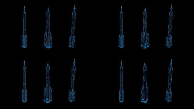 蓝色线框全息科技航空火箭动画带通道