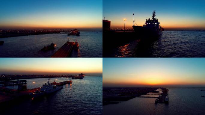 夕阳下停靠码头的轮船