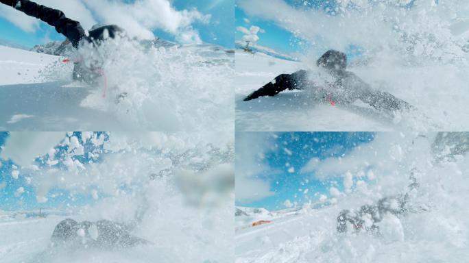滑雪摔倒慢镜头冰雪运动员升格慢放雪花