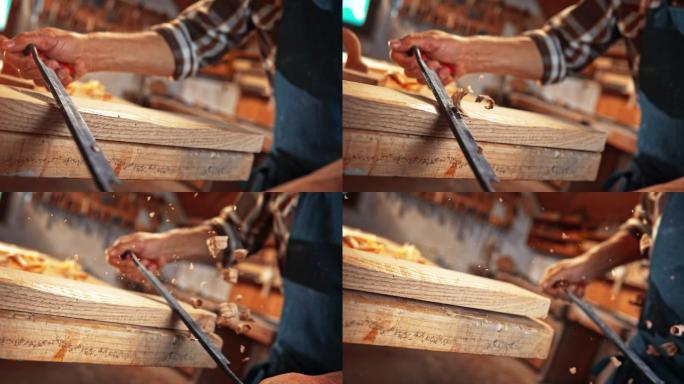 木匠拿着一把拉刀正在修剪一块木板