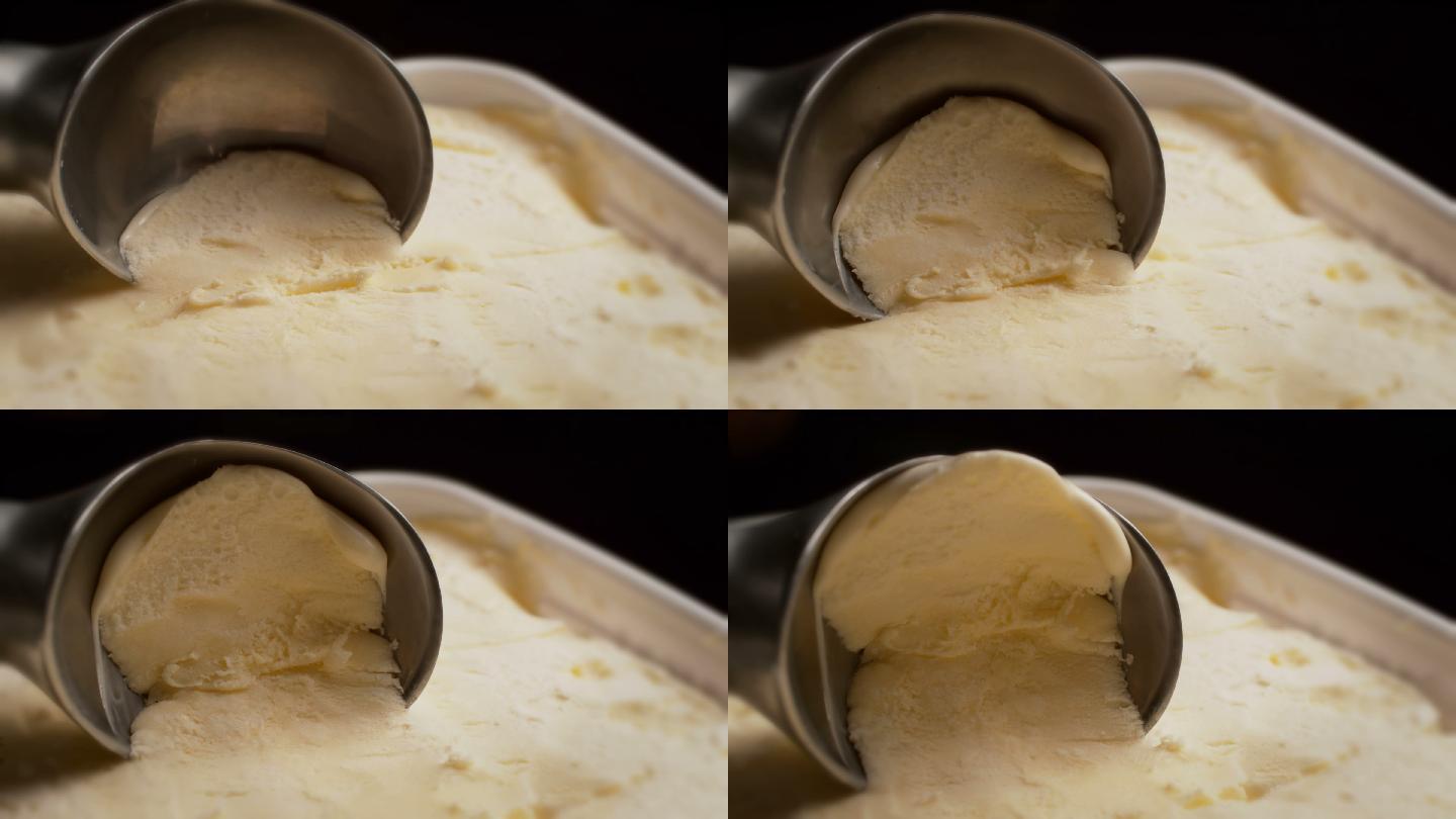 用冰激凌勺舀冰激凌的慢镜头
