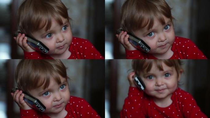 一个婴儿在接电话纯真智能手机成人模仿