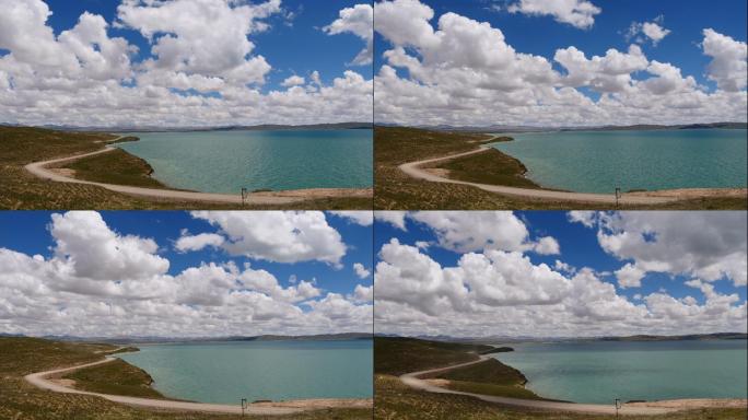 鄂陵湖湖面蜿蜒土路延时摄影