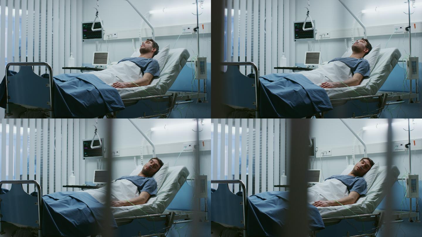 在医院里，生病的病人躺在床上