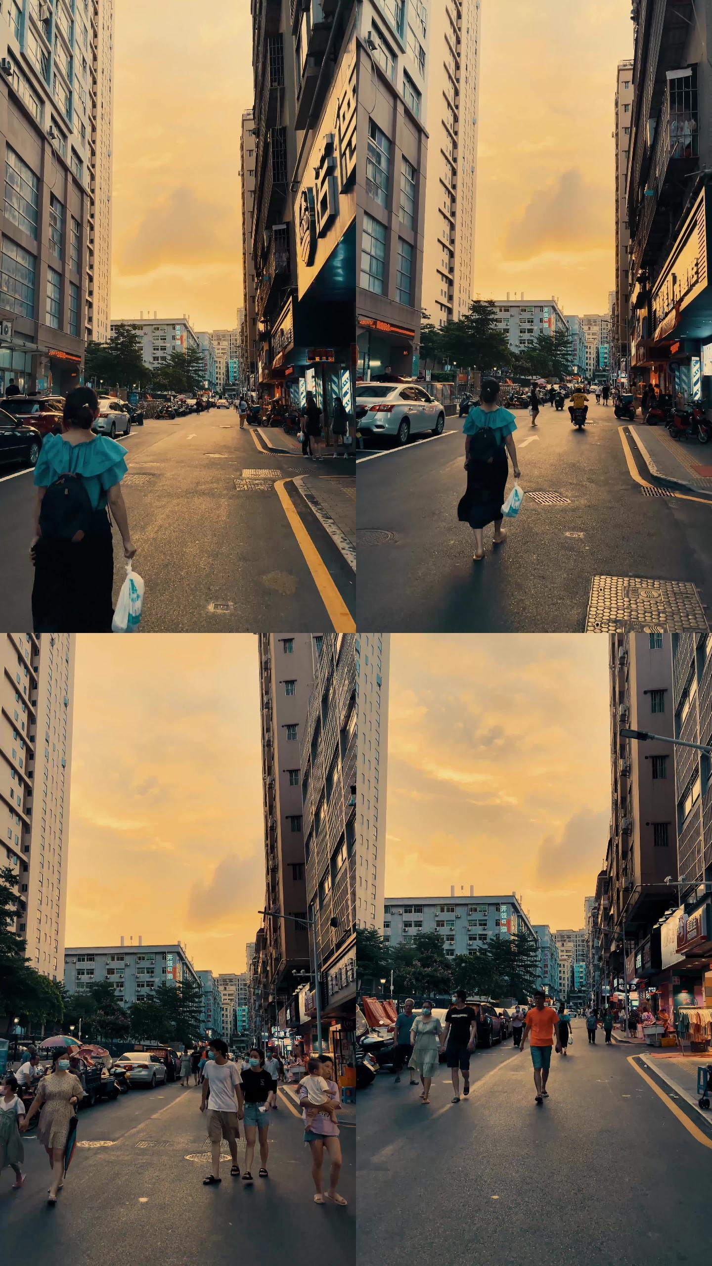 夕阳晚霞街道人群竖版