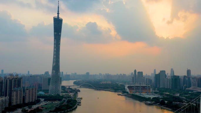 广州猎德大桥珠江边夕阳航拍晚霞