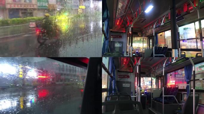 下雨中末班公交车夜晚外卖小哥雨夜城市夜晚
