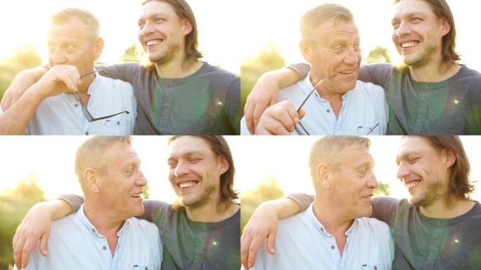 儿子和年迈的父亲用额头互相拥抱和抚摸