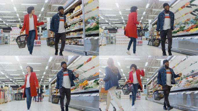 兴奋的夫妇在超级市场购物跳舞