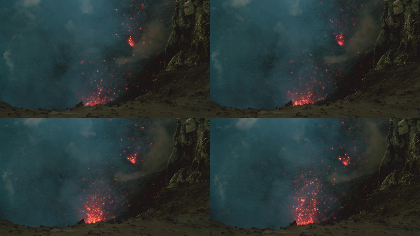 危险的火山喷发从火山口深处喷出熔岩。