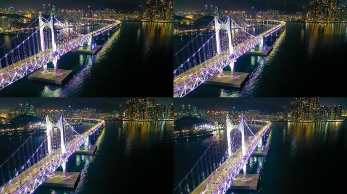 夜晚釜山市光安大桥鸟瞰图