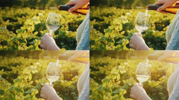 女人在葡萄园把白葡萄酒倒进杯子里
