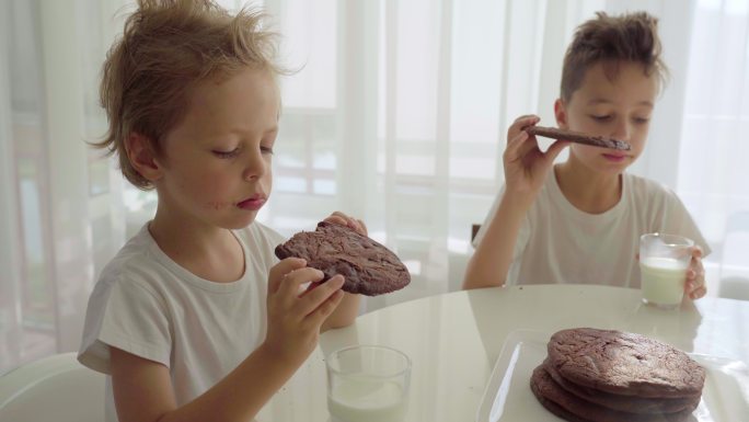 两个男孩在吃自制的牛奶巧克力饼干