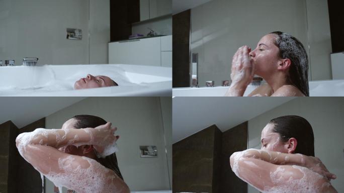 在现代浴缸里放松的女人
