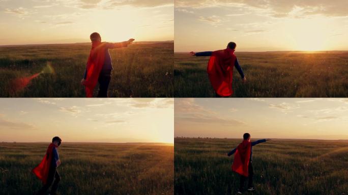 夕阳下田野里的男孩在奔跑