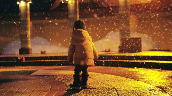 可爱的小男孩在夜晚无忧无虑的玩雪