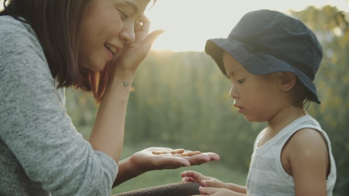 妈妈在花园里给儿子吃零食