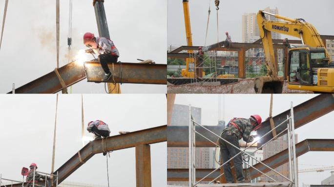 实拍建筑工地工人电焊施工高空作业