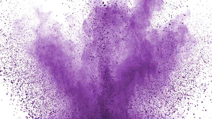 紫色粉末以超慢动作在白色背景上爆炸