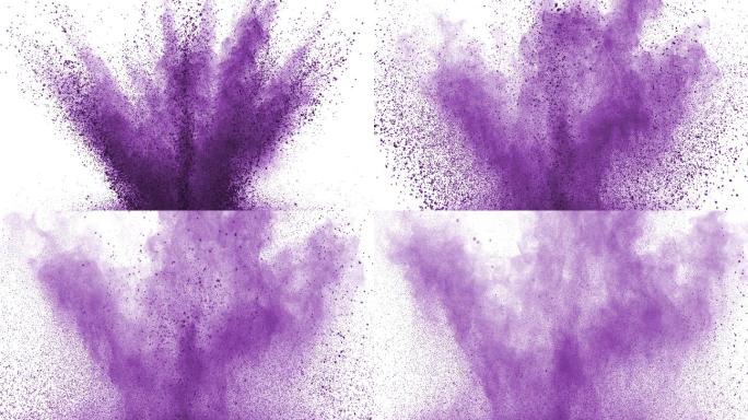 紫色粉末以超慢动作在白色背景上爆炸