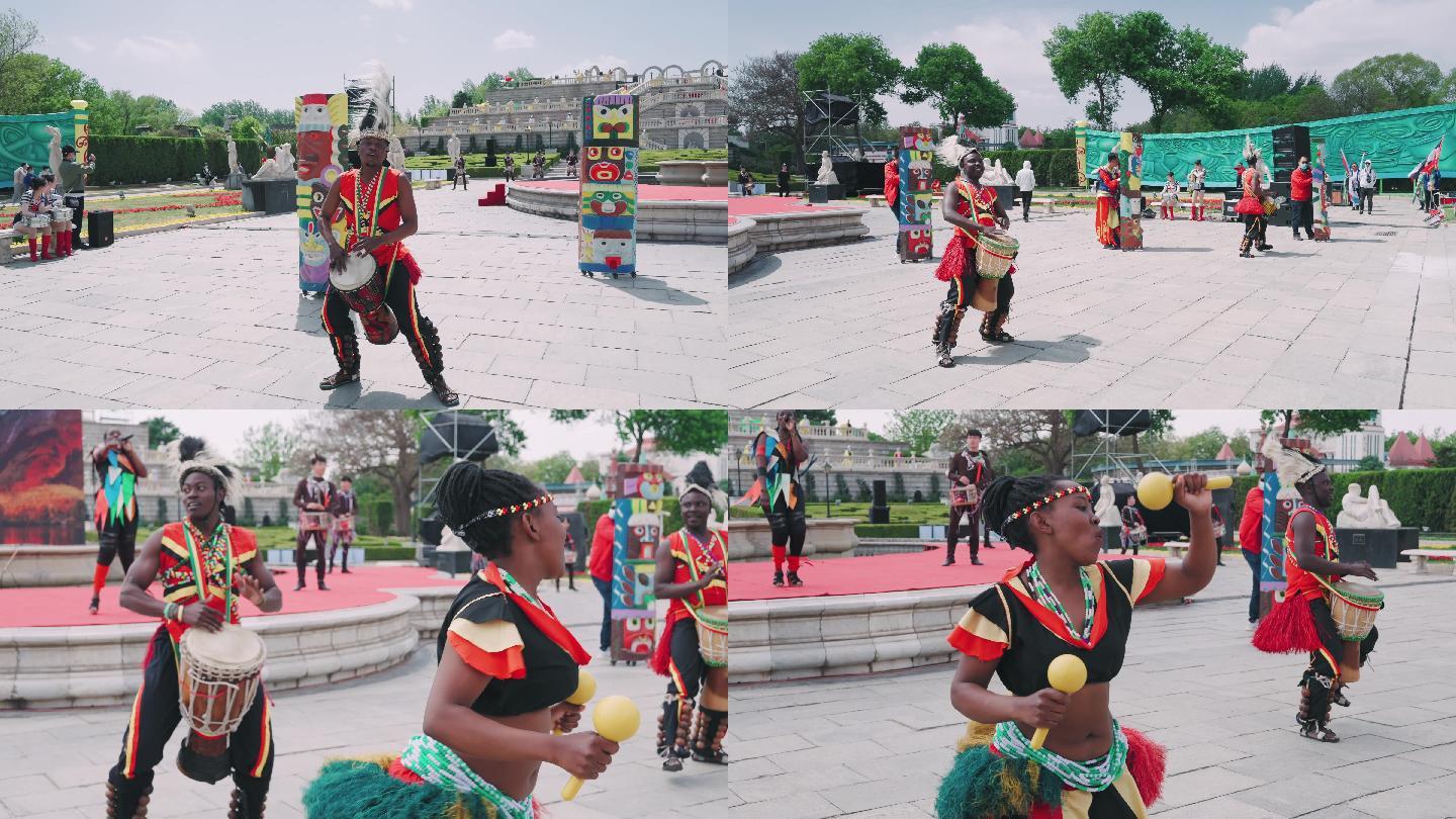 节假日公园露天非洲黑人文艺演出舞蹈