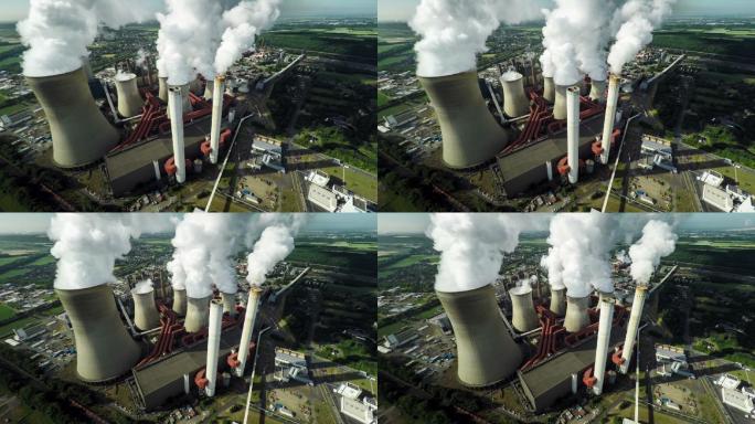 空中拍摄的燃煤发电站烟囱