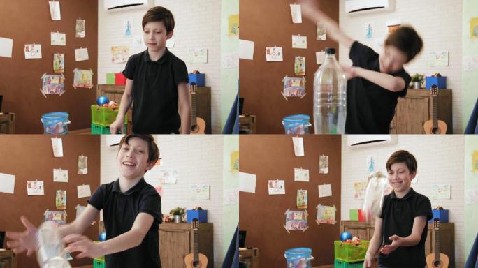 可爱的小男孩在房间里玩水瓶翻转挑战赛