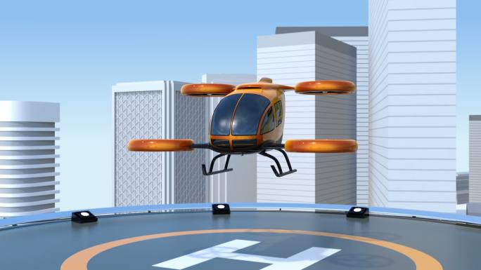 橙色无人驾驶直升机从停机坪起飞