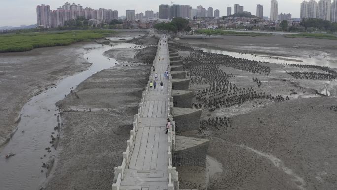 洛阳桥特写近景泉州万安桥石桥航拍